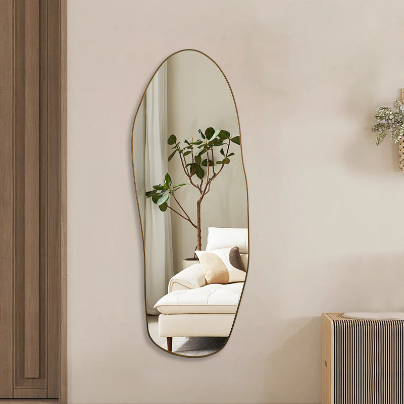 Modern Minimalist Irregular Teardrop-Shaped Solid Wood Glass Full-Length Floor Mirror Wall Mirror For Bedroom
