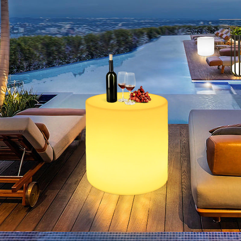 Modern Minimalist Cylindrical PE Outdoor Waterproof Remote-Controlled Illuminated LED Coffee Table 1-Tier For Outdoor Patio
