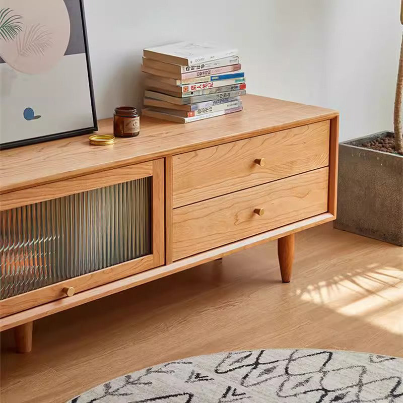 Contemporary Nordic Rectangular Solid Cherry Wood Glass TV Stand 4-Drawer For Living Room
