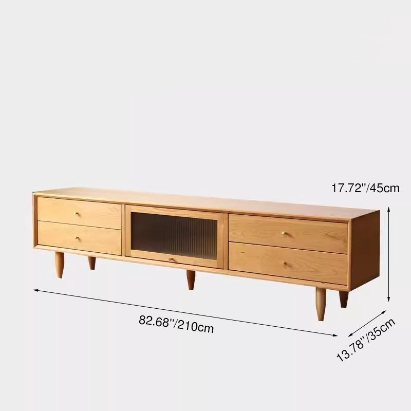 Contemporary Nordic Rectangular Solid Cherry Wood Glass TV Stand 4-Drawer For Living Room