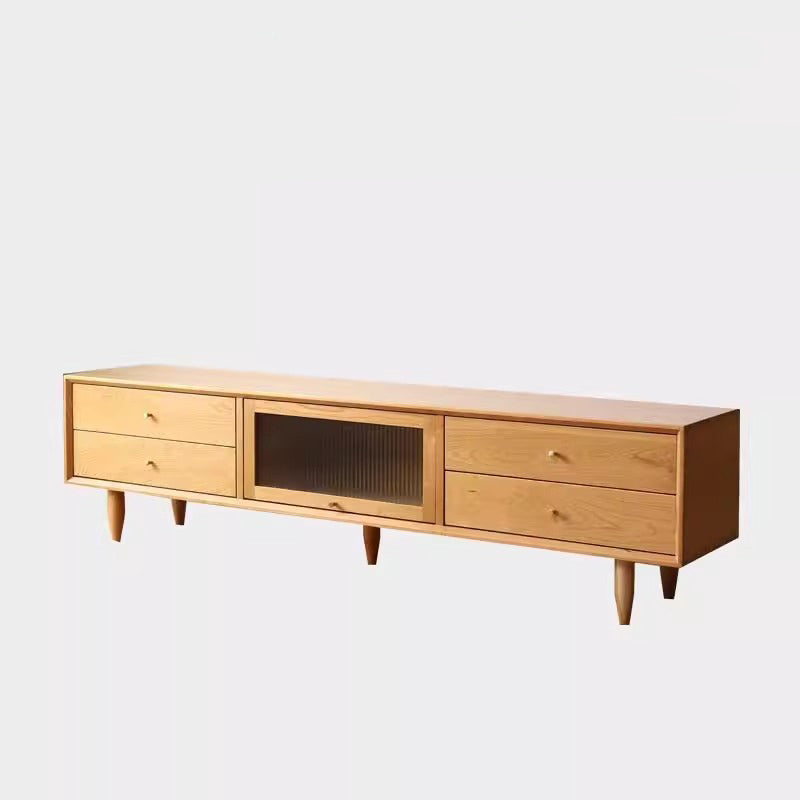 Contemporary Nordic Rectangular Solid Cherry Wood Glass TV Stand 4-Drawer For Living Room