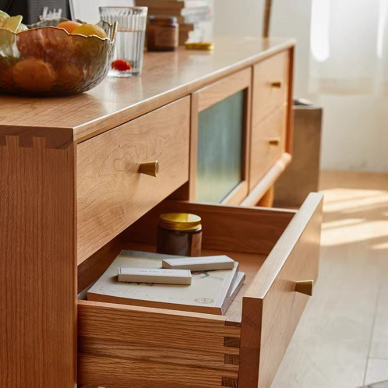 Contemporary Nordic Rectangular Solid Cherry Wood Glass TV Stand 4-Drawer For Living Room