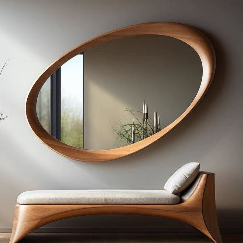 Traditional Vintage Oval Rubberwood Solid Wood Tempered Glass Wall Mirror For Bedroom