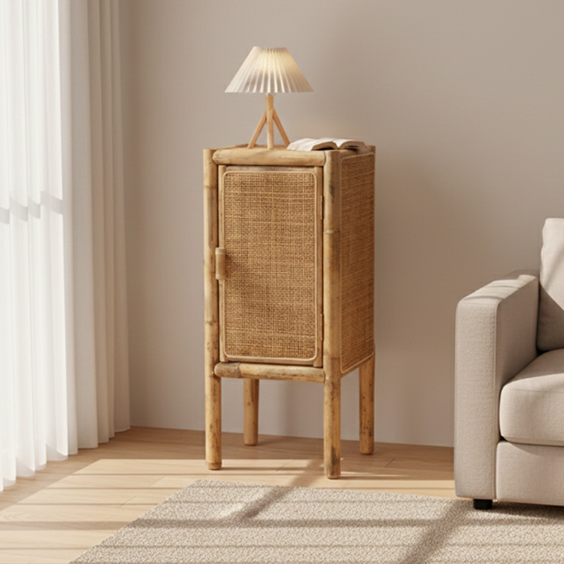 Traditional Chinese Slim Storage Cabinet: Natural Indonesian Rattan & Handwoven - Space-Saving Storage Sideboard For Living Room