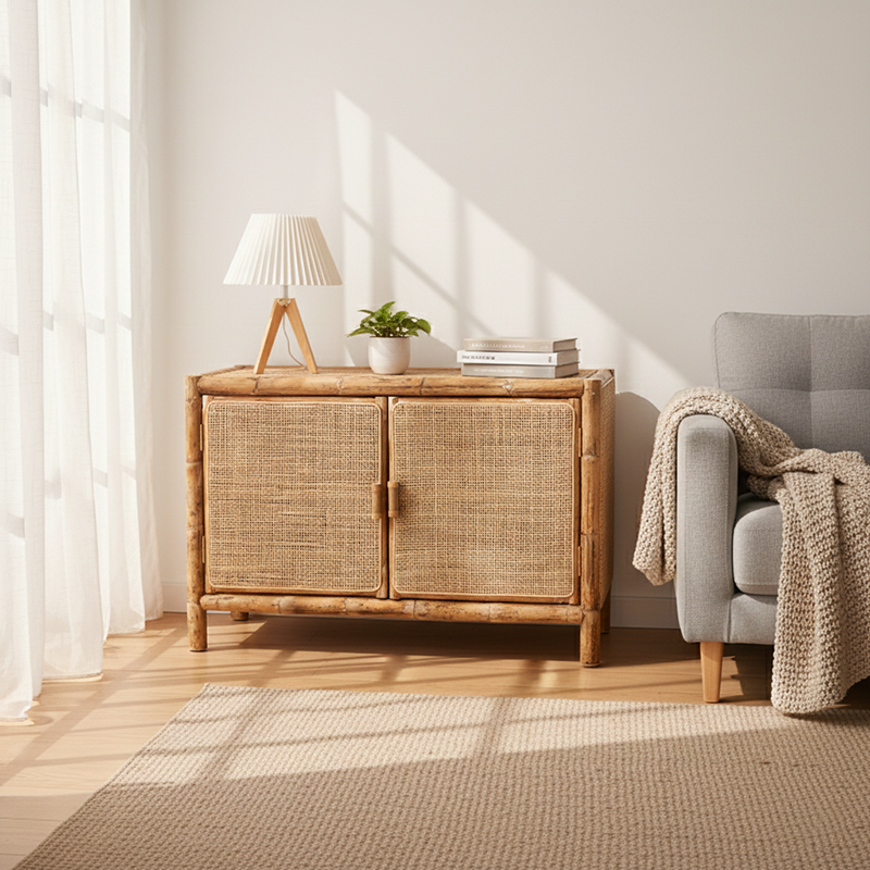 Traditional Chinese Rectangular Storage Cabinet: Natural Indonesian Rattan & Handwoven - Large Capacity Storage Sideboard For Living Room