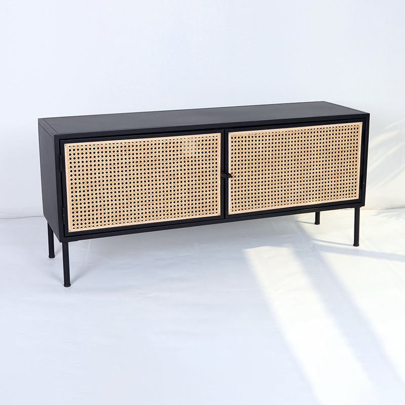 Traditional Vintage Rectangular Iron Storage Cabinet: Natural Indonesian Rattan & Handwoven - 1-Cabinet Large Capacity Sideboard For Living Room