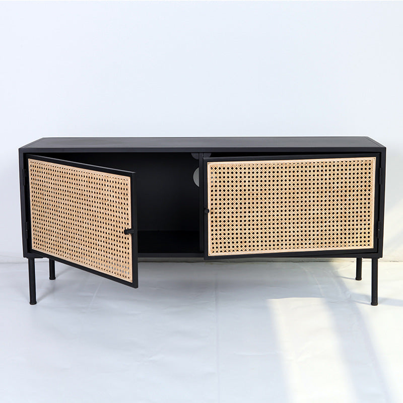Traditional Vintage Rectangular Iron Storage Cabinet: Natural Indonesian Rattan & Handwoven - 1-Cabinet Large Capacity Sideboard For Living Room