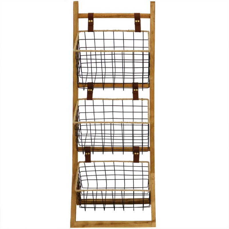Modern Minimalist Rectangular Solid Wood Iron Rope Display Rack With 3-Basket For Living Room