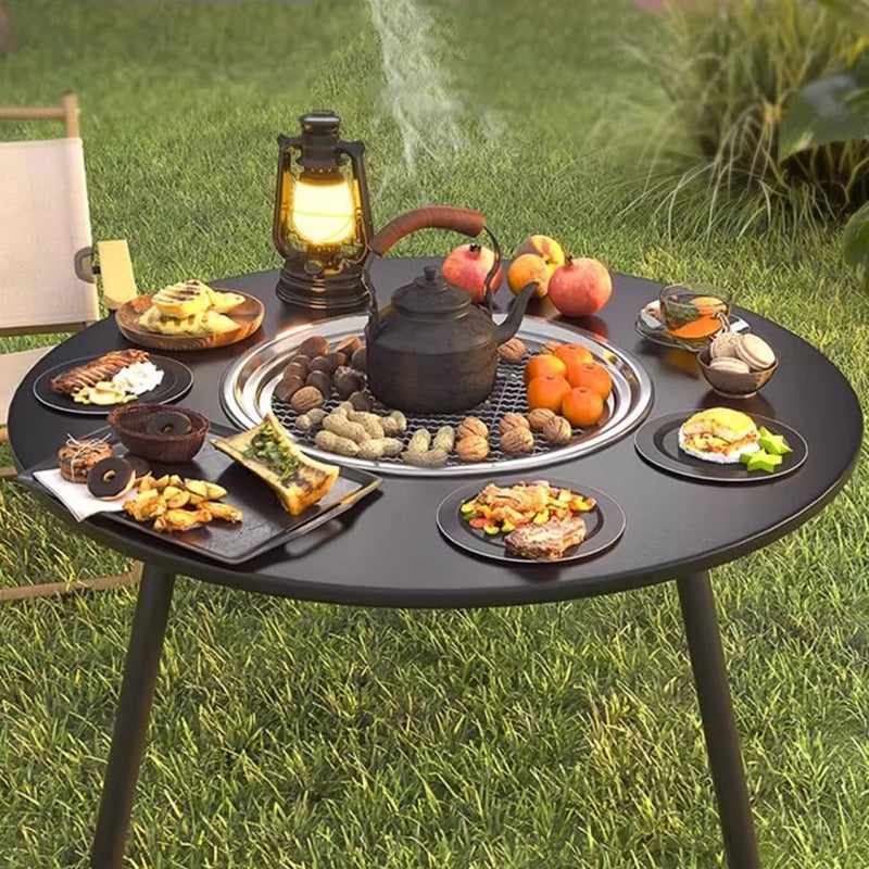 Modern Minimalist Round Iron Wooden Board Stainless Steel Outdoor Dining Table 3-Leg Foldable For Garden