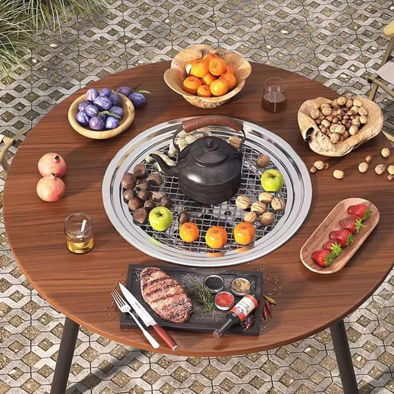 Modern Minimalist Round Iron Wooden Board Stainless Steel Outdoor Dining Table 3-Leg Foldable For Garden