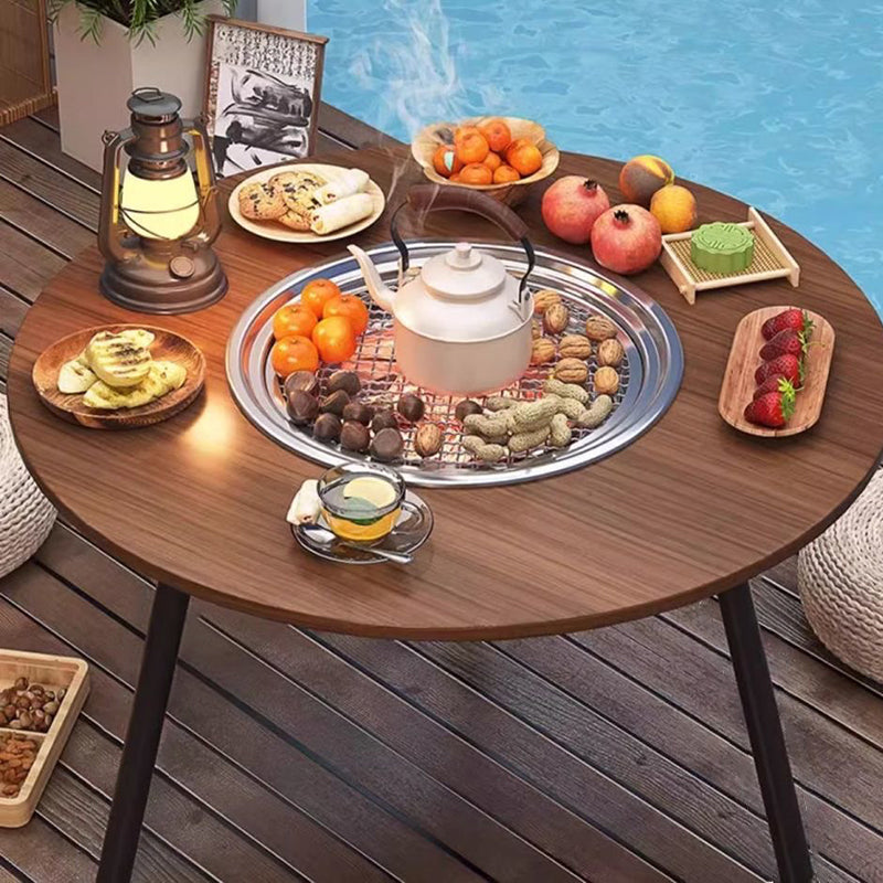 Modern Minimalist Round Iron Wooden Board Stainless Steel Outdoor Dining Table 3-Leg Foldable For Garden
