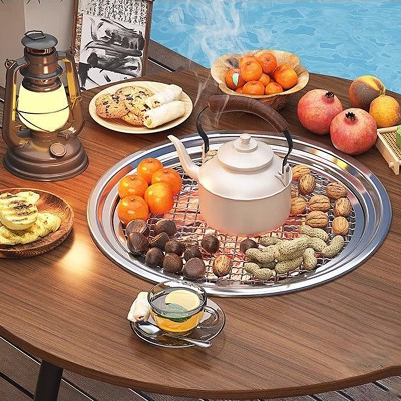 Modern Minimalist Round Iron Wooden Board Stainless Steel Outdoor Dining Table 3-Leg Foldable For Garden