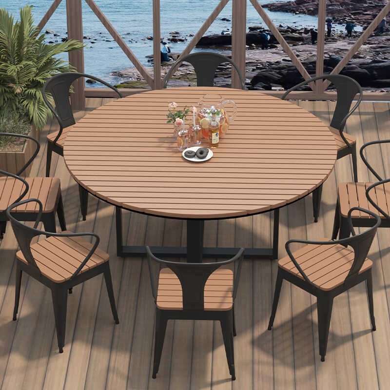 Modern Minimalist Round Iron Composite Wood Outdoor Dining Table 4-Leg For Garden