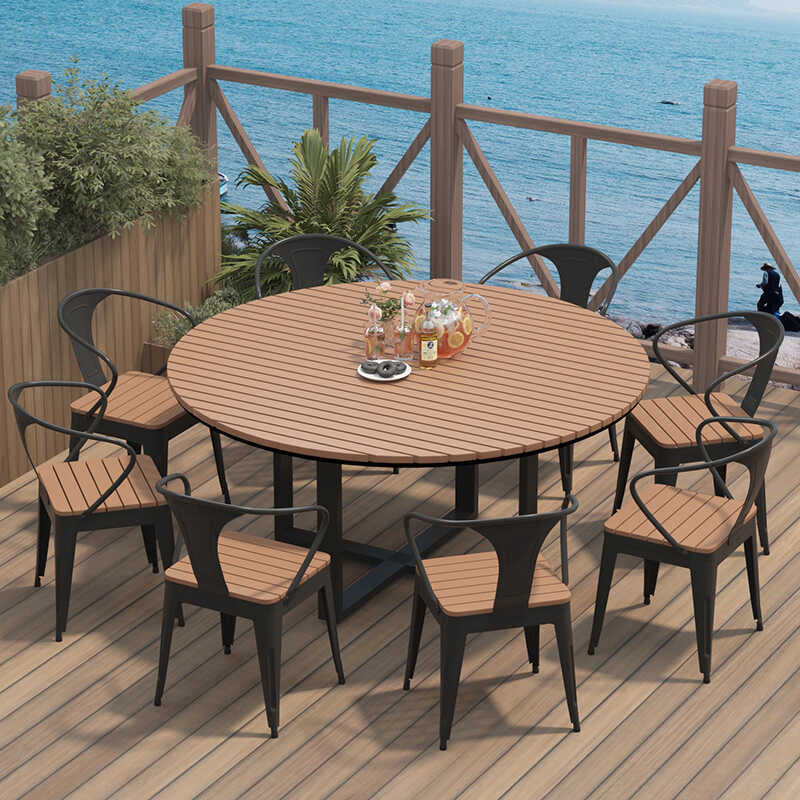 Modern Minimalist Round Iron Composite Wood Outdoor Dining Table 4-Leg For Garden