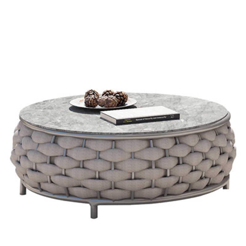 Modern Minimalist Round Aluminum Alloy PE Rattan Fabric Stone Slab Outdoor Coffee Table For Garden