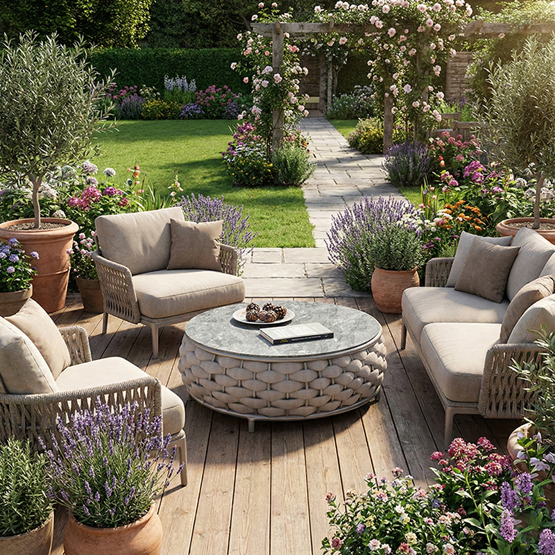Modern Minimalist Round Aluminum Alloy PE Rattan Fabric Stone Slab Outdoor Coffee Table For Garden