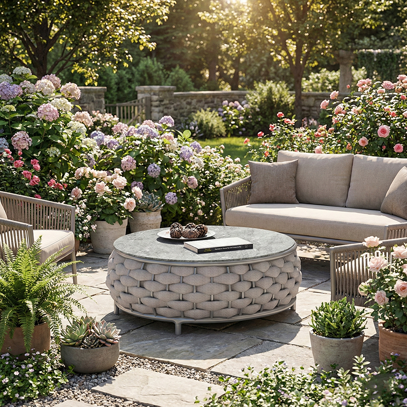 Modern Minimalist Round Aluminum Alloy PE Rattan Fabric Stone Slab Outdoor Coffee Table For Garden