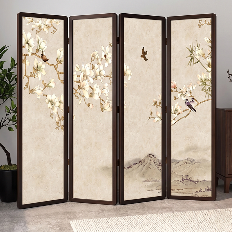 Traditional Chinese Pine Wood Georgette Fabric Rectangular Room Divider Folding For Living Room