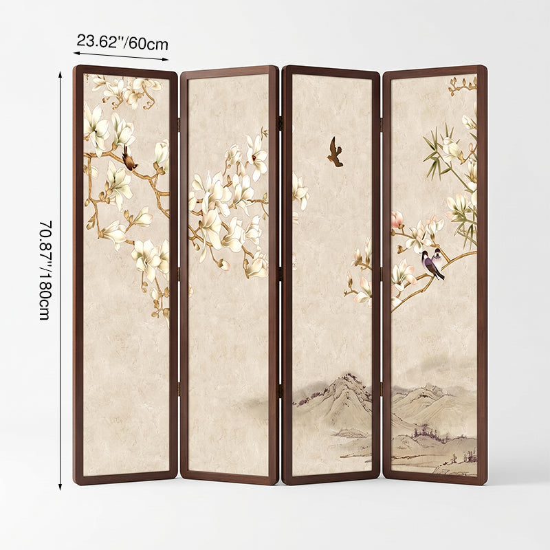 Traditional Chinese Pine Wood Georgette Fabric Rectangular Room Divider Folding For Living Room