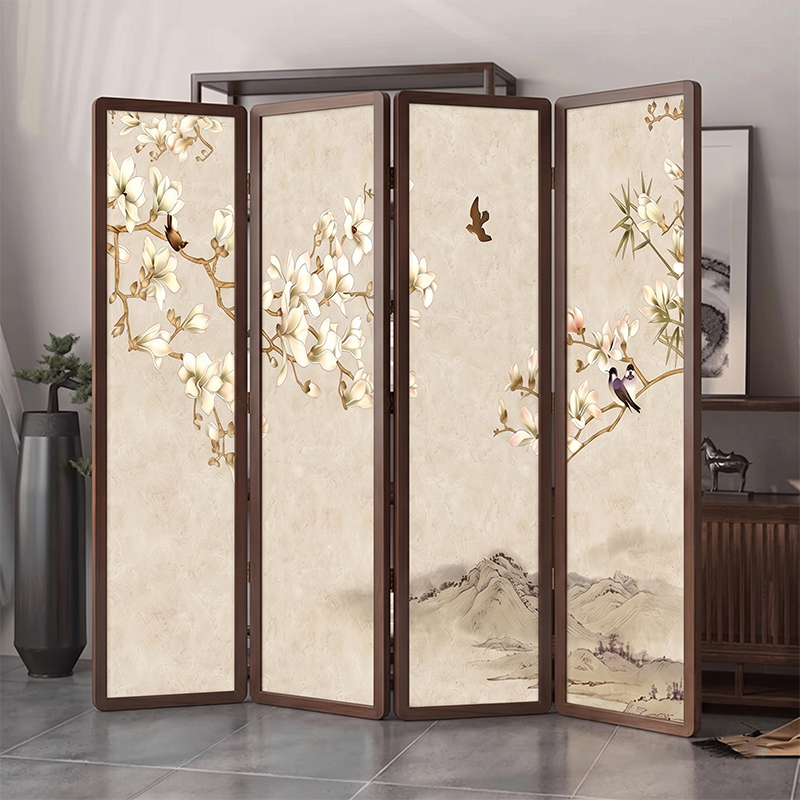 Traditional Chinese Pine Wood Georgette Fabric Rectangular Room Divider Folding For Living Room