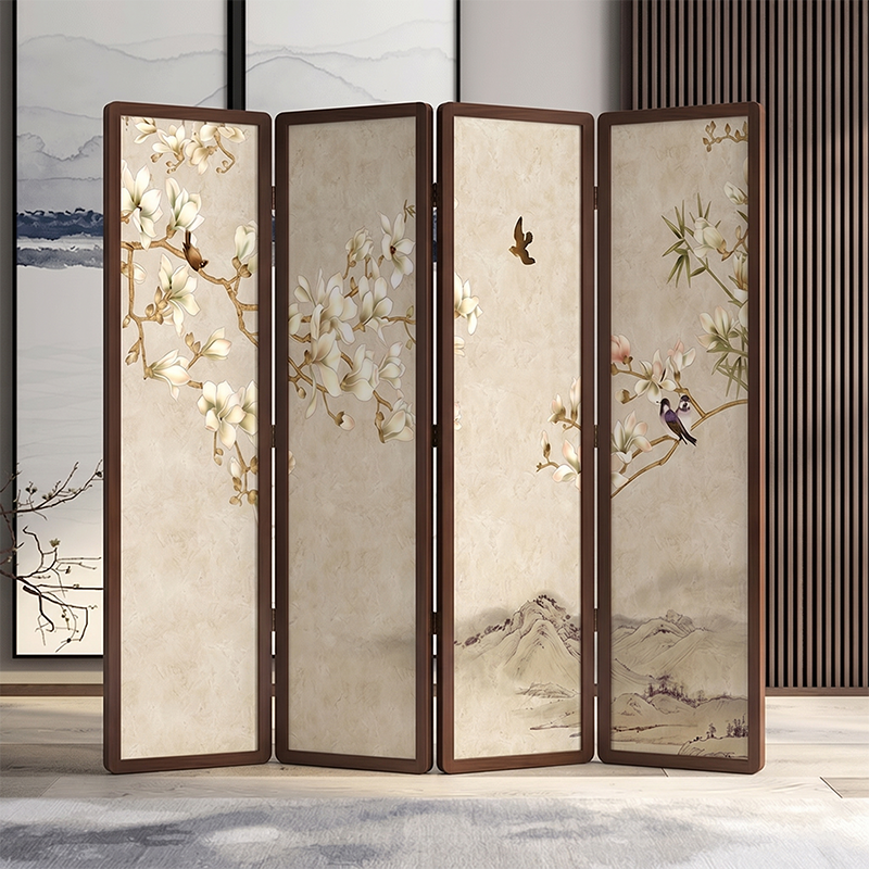 Traditional Chinese Pine Wood Georgette Fabric Rectangular Room Divider Folding For Living Room