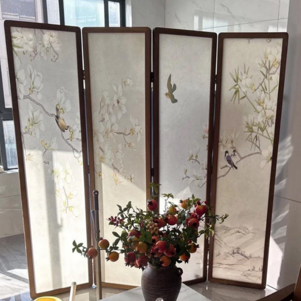 Traditional Chinese Pine Wood Georgette Fabric Rectangular Room Divider Folding For Living Room