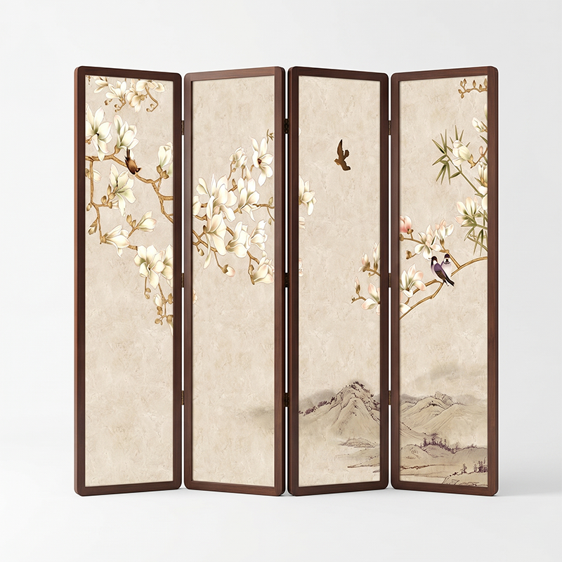 Traditional Chinese Pine Wood Georgette Fabric Rectangular Room Divider Folding For Living Room