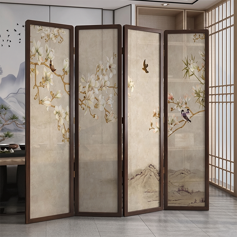 Traditional Chinese Pine Wood Georgette Fabric Rectangular Room Divider Folding For Living Room