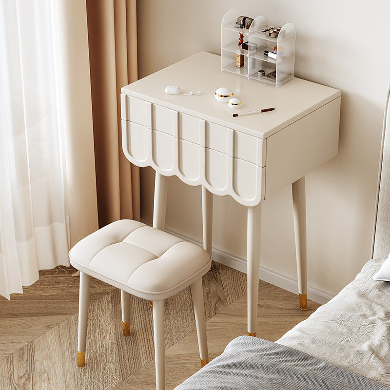 Modern Minimalist Eco-Board Metal Rectangular Arch Makeup Vanity & Stool Set With Flip Top LED Mirror & 2 Drawers For Bedroom