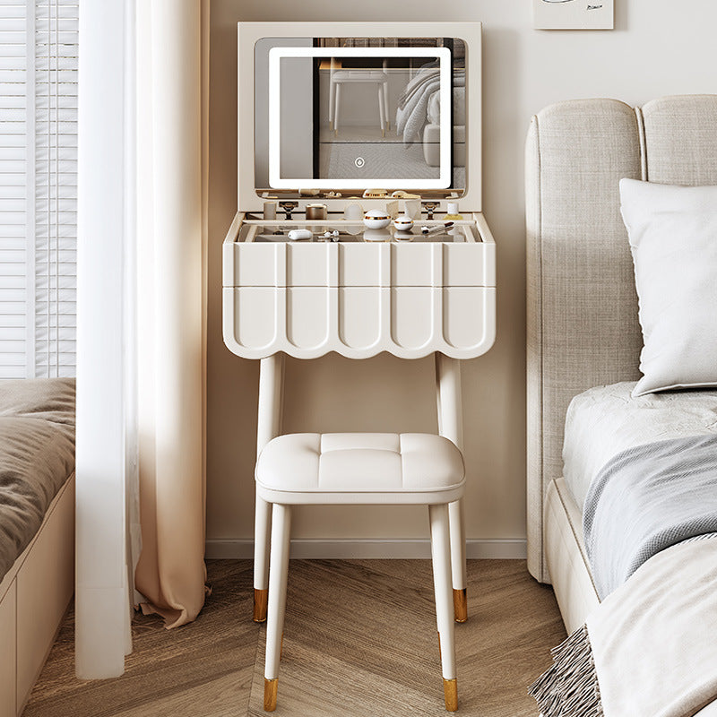 Modern Minimalist Eco-Board Metal Rectangular Arch Makeup Vanity & Stool Set With Flip Top LED Mirror & 2 Drawers For Bedroom