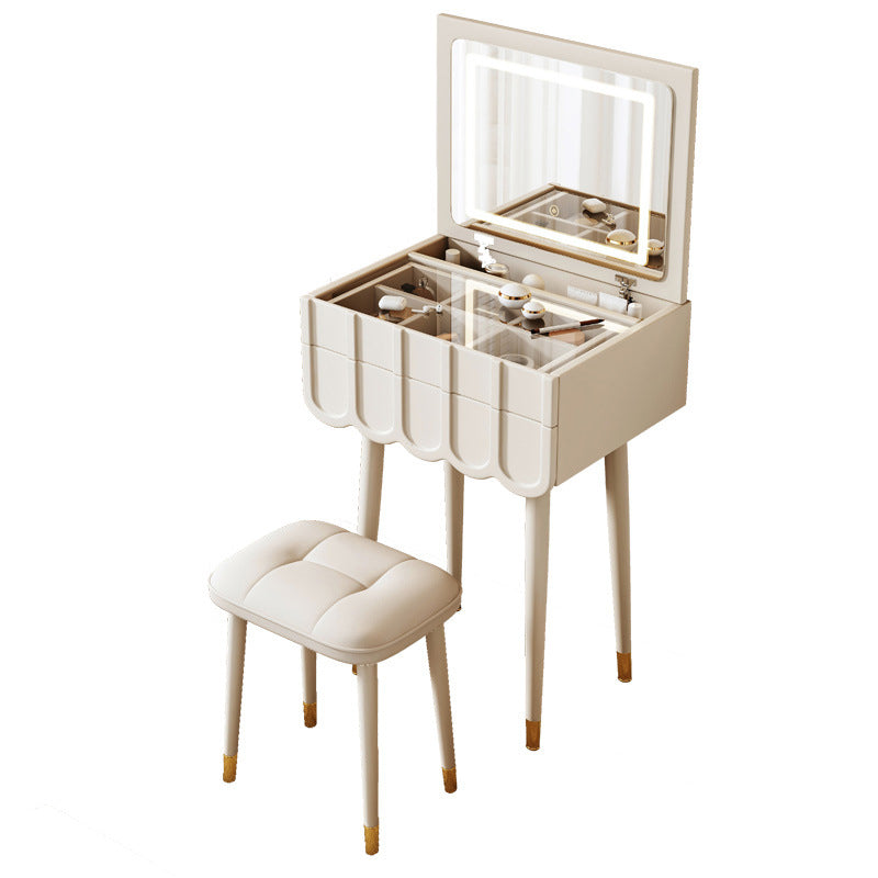 Modern Minimalist Eco-Board Metal Rectangular Arch Makeup Vanity & Stool Set With Flip Top LED Mirror & 2 Drawers For Bedroom