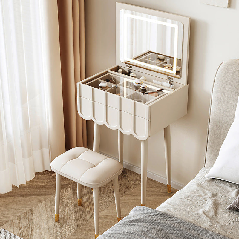 Modern Minimalist Eco-Board Metal Rectangular Arch Makeup Vanity & Stool Set With Flip Top LED Mirror & 2 Drawers For Bedroom