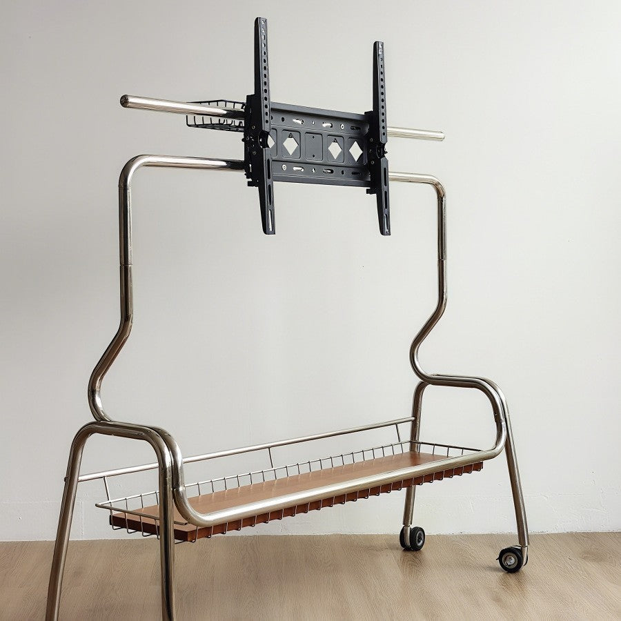 Traditional Vintage Rectangular Stainless Steel Solid Wood Iron TV Stand 4-Leg Movable For Living Room