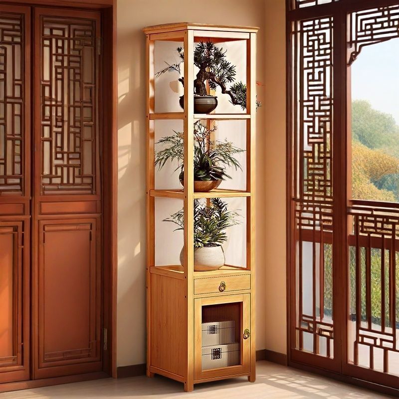 Traditional Chinese Square Nan Bamboo MDF Acrylic Display Rack 1/2/3/4-Tier For Living Room