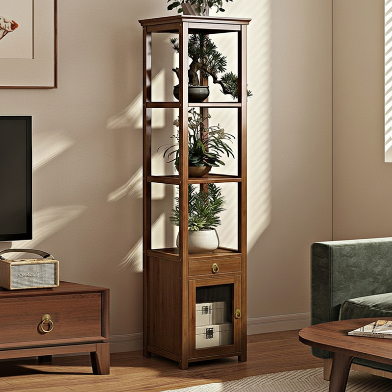 Traditional Chinese Square Nan Bamboo MDF Acrylic Display Rack 1/2/3/4-Tier For Living Room