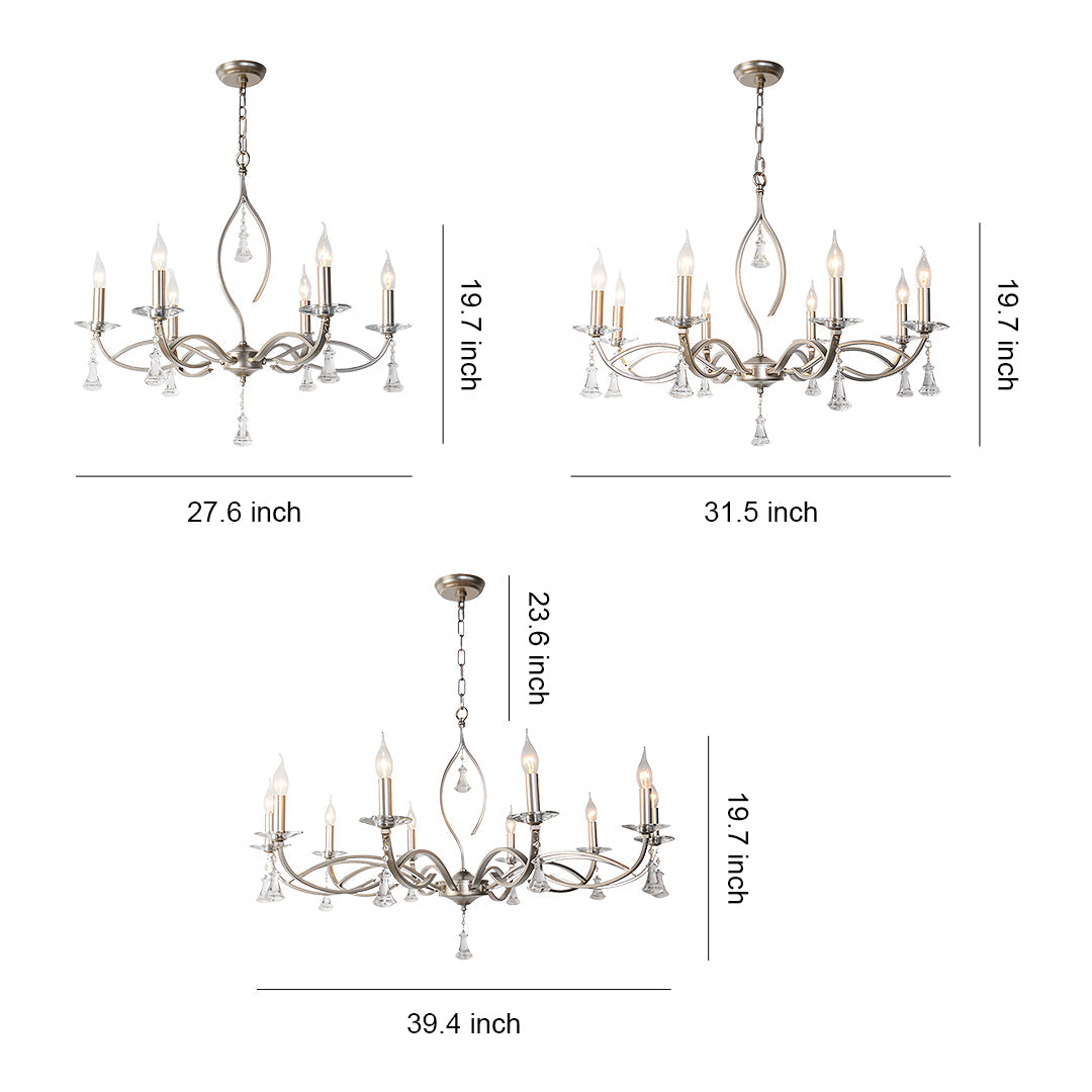 Crystal Drop Candle Chandelier, Silver Iron Scroll Arm Ceiling Light 11