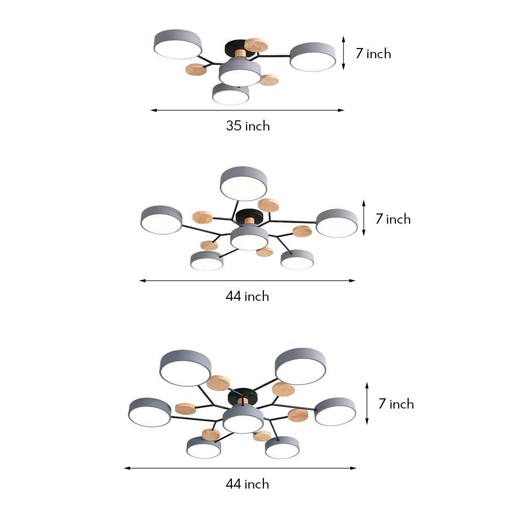 Orbit Disc Semi Flush Chandelier, Wood Accent Metal Ceiling Light 27