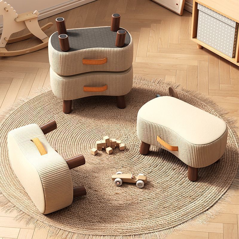 Contemporary Nordic Cuboid Portable Flannelette Tech Fabric Solid Wood Footstool Backless Armless For Living Room