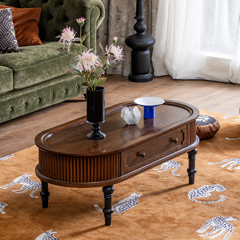 Traditional French Rectangle Cube Pine Solid Wood Coffee Table 2 - Drawer For Living Room