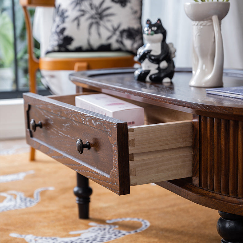 Traditional French Rectangle Cube Pine Solid Wood Coffee Table 2 - Drawer For Living Room