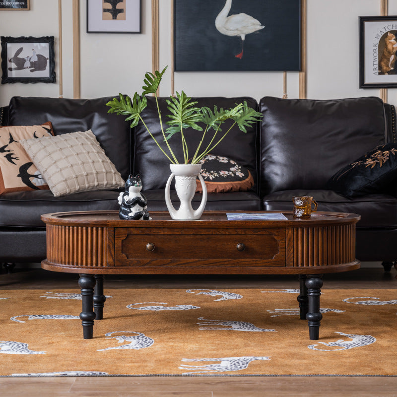 Traditional French Rectangle Cube Pine Solid Wood Coffee Table 2 - Drawer For Living Room
