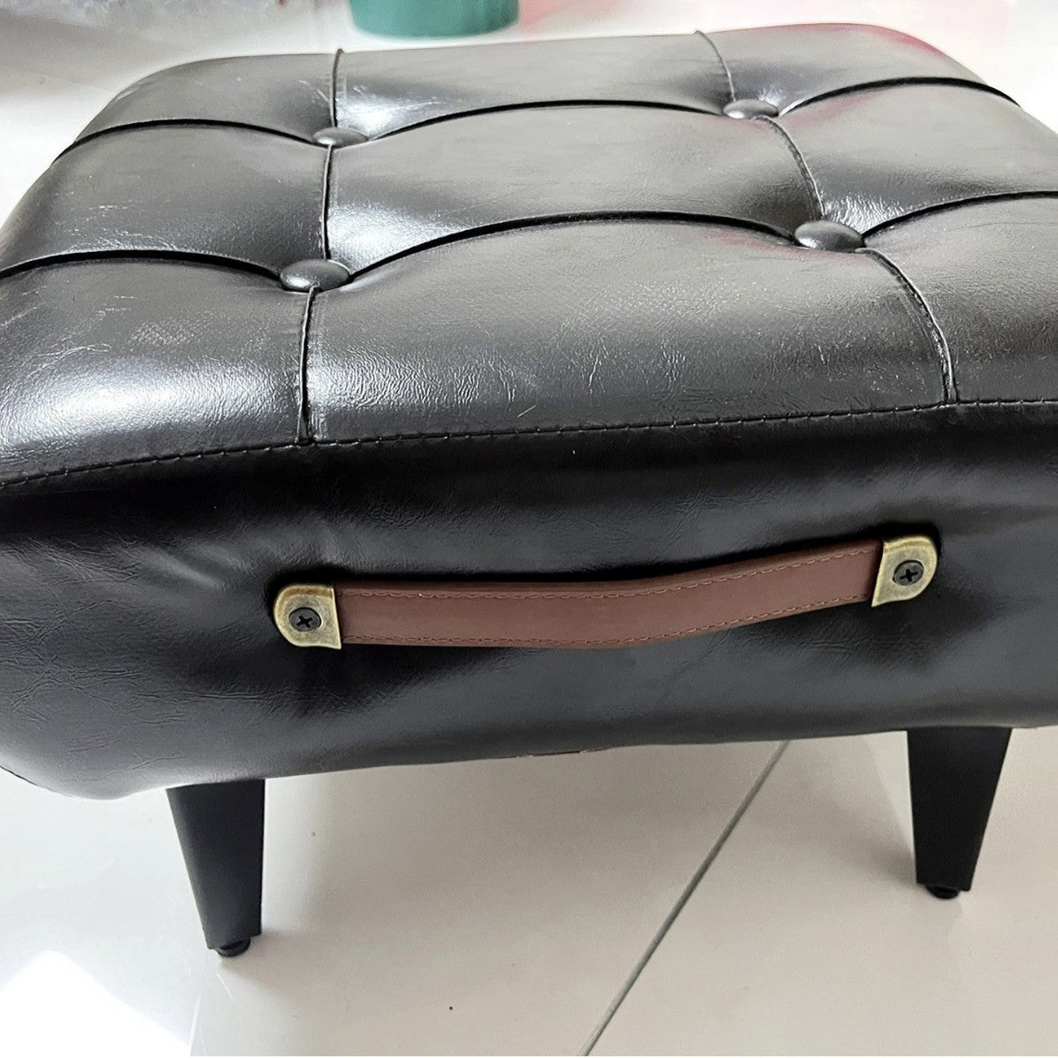 Contemporary Scandinavian PU Leather Solid Wood Metal Rectangular Low Stool For Living Room