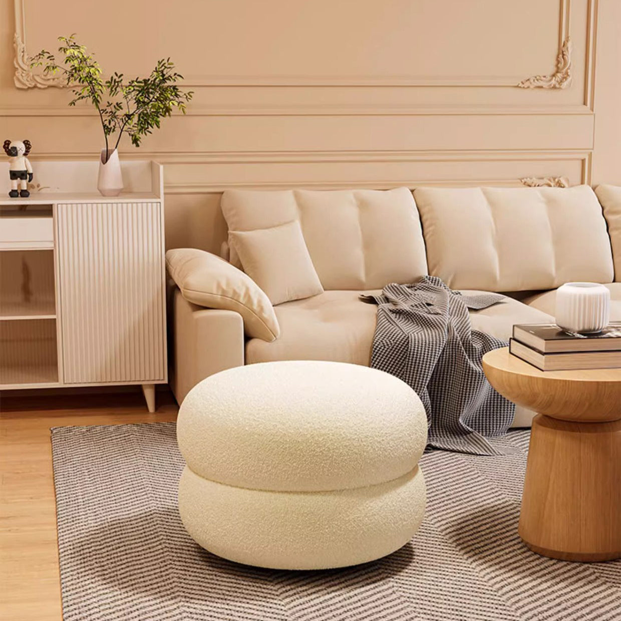 Modern Minimalist Lambswool Solid Wood Flat Round Low Stool For Living Room