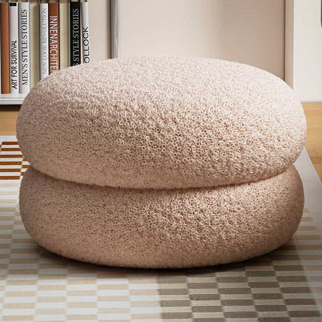 Modern Minimalist Lambswool Solid Wood Flat Round Low Stool For Living Room