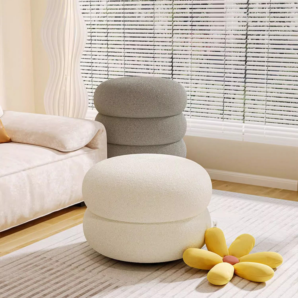 Modern Minimalist Lambswool Solid Wood Flat Round Low Stool For Living Room