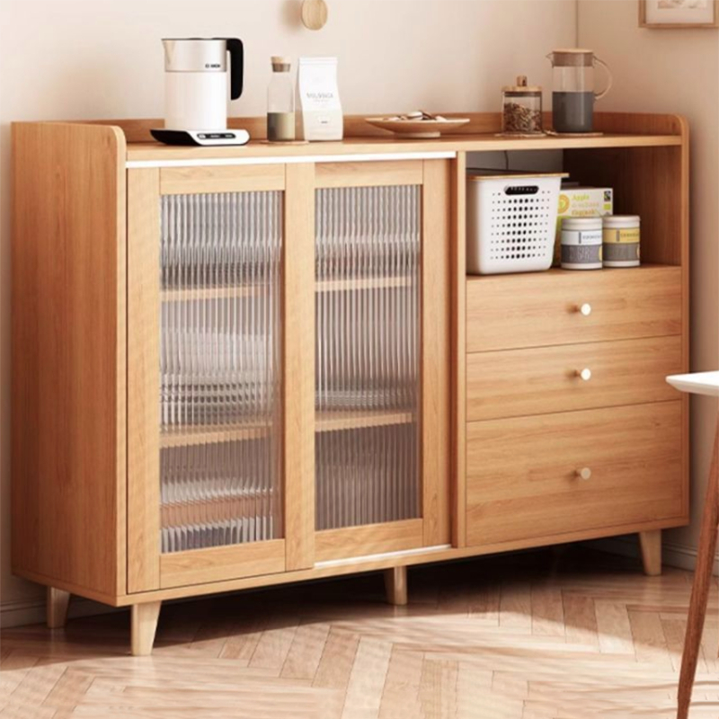 Traditional Japanese Rectangular Solid Wood MDF Artificial Board Acrylic Sideboard Cabinet 3-Drawer For Dining Room & Living Room