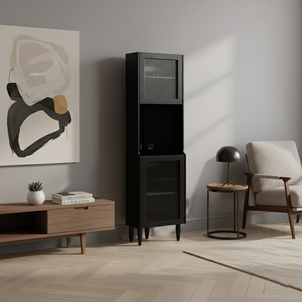 Contemporary Nordic Rubberwood Ripple Glass Rectangle Corner Storage Sideboard 5-Cabinet For Living Room & Dining Room