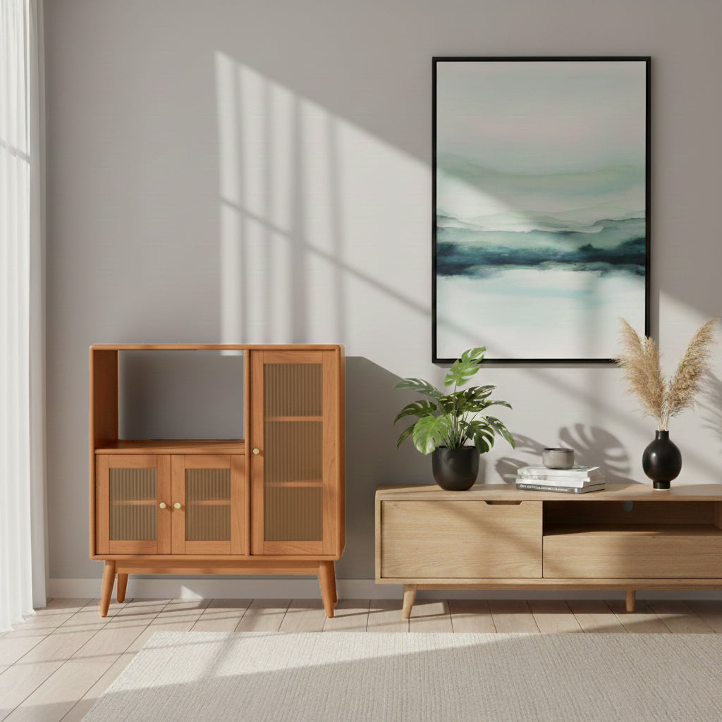 Traditional Japanese Rectangular Pine & Multi-Layer Solid Wood Ripple Glass Sideboard 1/4-Cabinet For Living Room & Dining Room