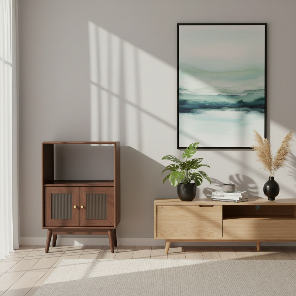 Traditional Japanese Rectangular Pine & Multi-Layer Solid Wood Ripple Glass Sideboard 1/4-Cabinet For Living Room & Dining Room