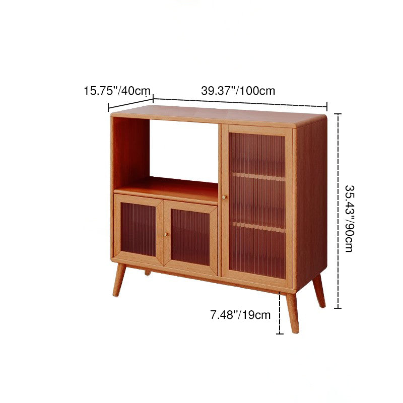 Traditional Japanese Rectangular Pine & Multi-Layer Solid Wood Ripple Glass Sideboard 1/4-Cabinet For Living Room & Dining Room